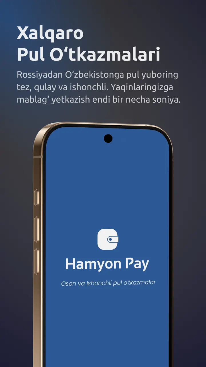 HamyonPay ilovasi ekrani: Rossiyadan O'zbekistonga xalqaro pul o'tkazmalari