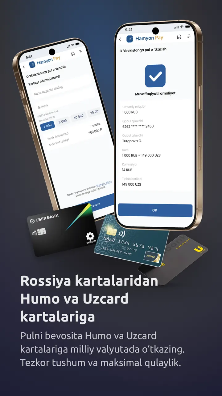 HamyonPay'da Rossiya kartalaridan Humo va Uzcard kartalariga o'tkazma