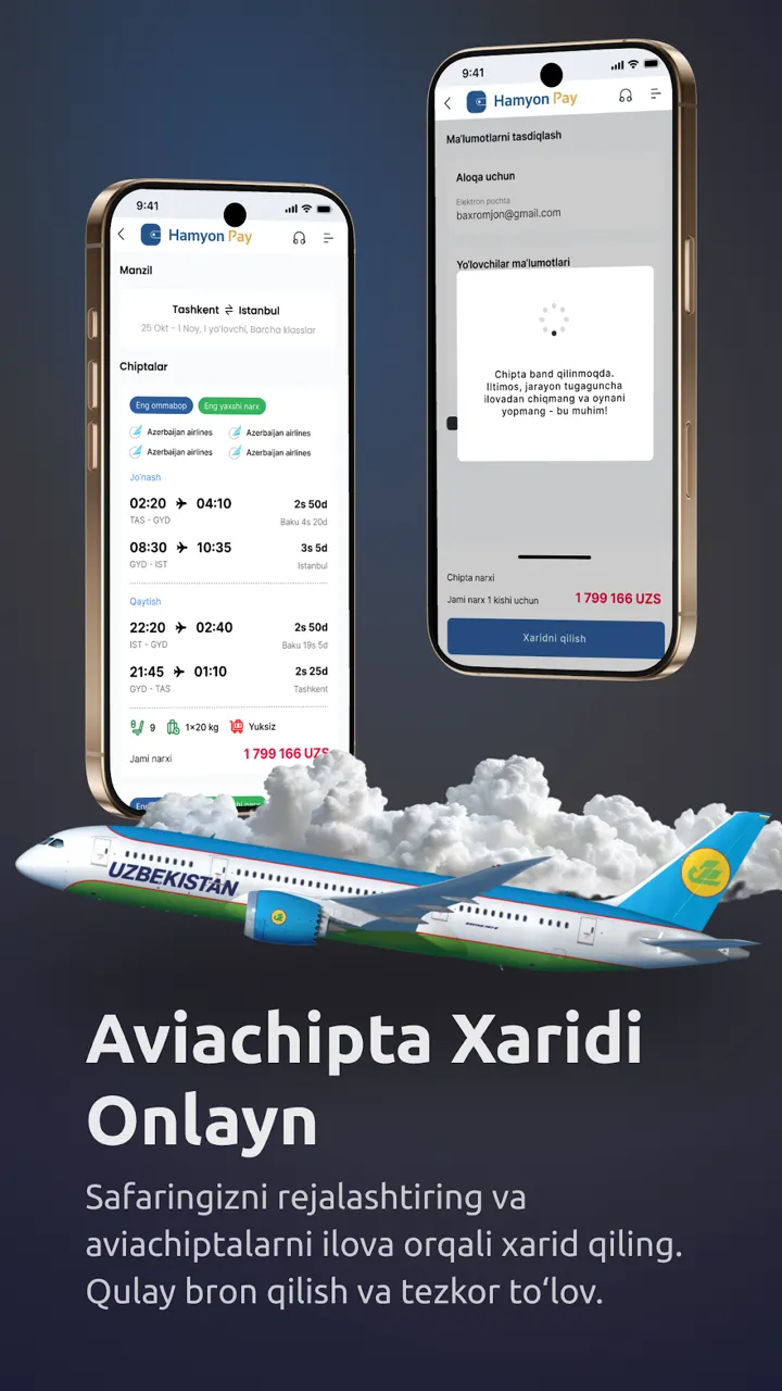 HamyonPay ilovasida aviachiptalarni onlayn xarid qilish