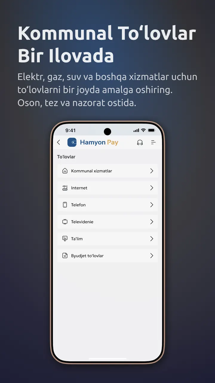 HamyonPay'da kommunal xizmatlar, internet va aloqa to'lovlari